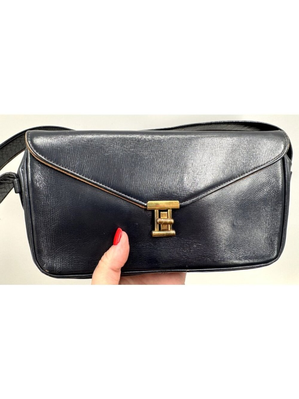 Vintage 70s La Marquise Montreal Canada Dark Blue Leather Shoulder Bag Handbag